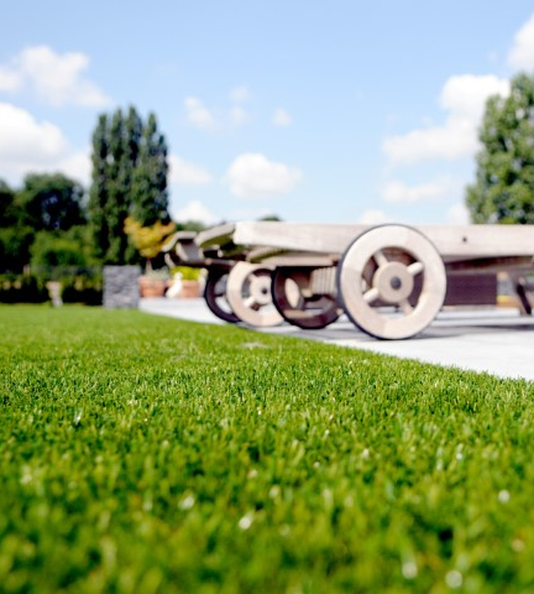 Durable artificial grass around the pool, safe comfortable and easy to maintain